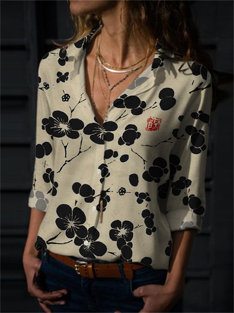 Cherry Blossom Japanese Lino Art Flowy Blouse
