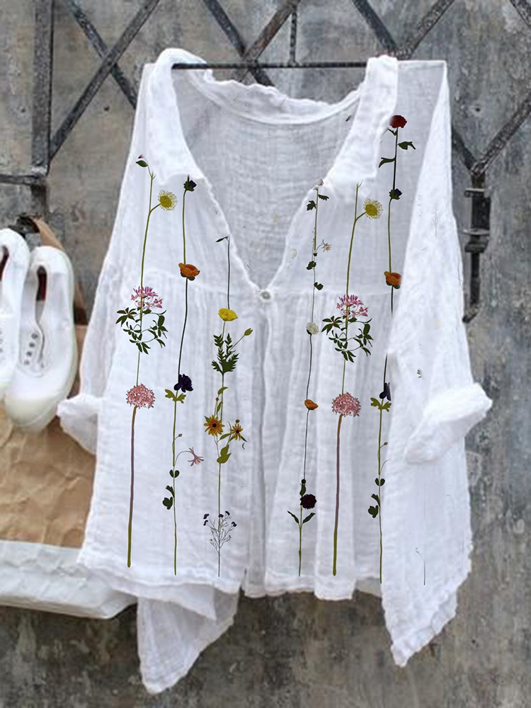 Floral Pattern Ladies Casual Floral Print Cotton Linen  Shirt