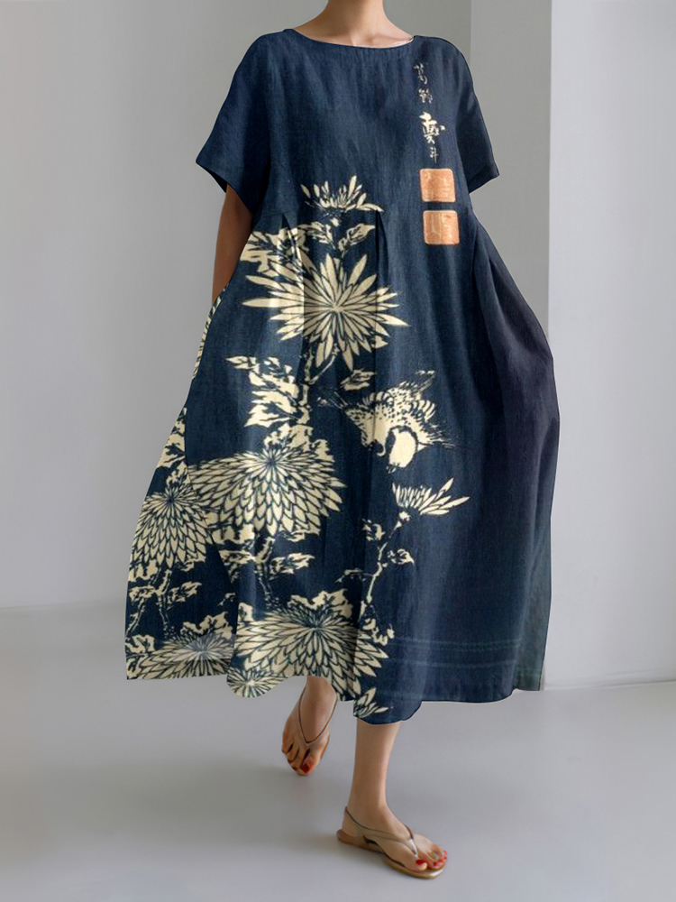 Vintage Chrysanthemum Print Round Neck Loose Midi Dress