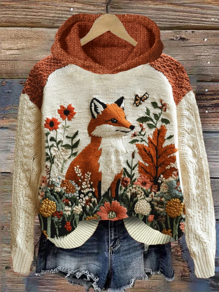 Forest Fox & Flowers Embroidered Cozy Knit Hooded Sweater