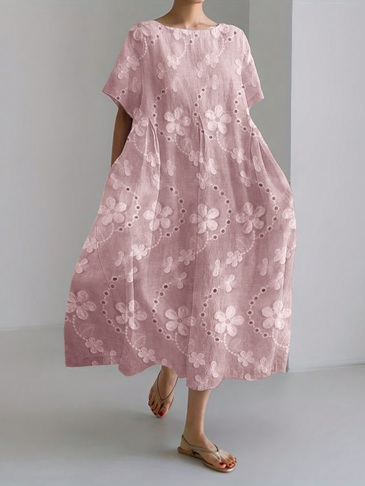 3D Floral Embroidered Lace Linen Blend Maxi Dress