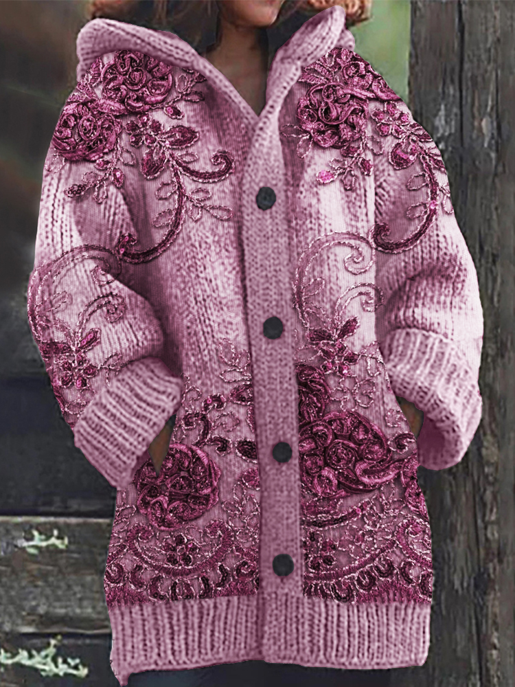 Turquoise Roses 3D Velvet Cozy Knit Hooded Cardigan