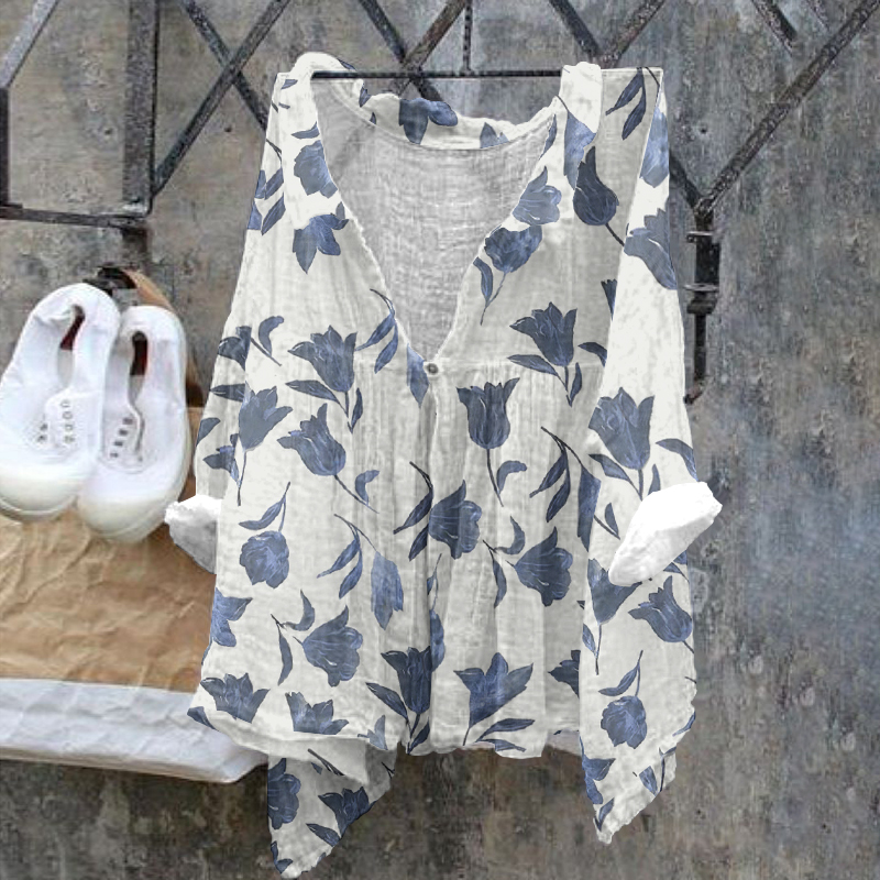 Ladies Floral Pattern Casual Cotton Linen Shirt