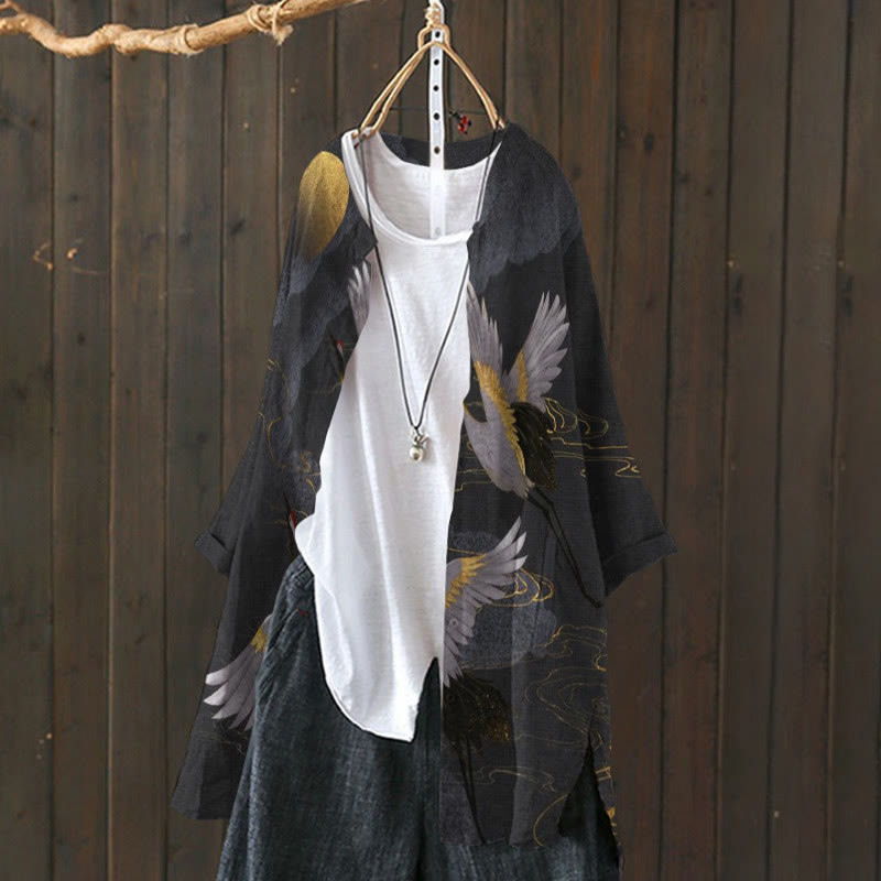 Japanese Cranes Flight To Golden Moon Art Print Cardigan