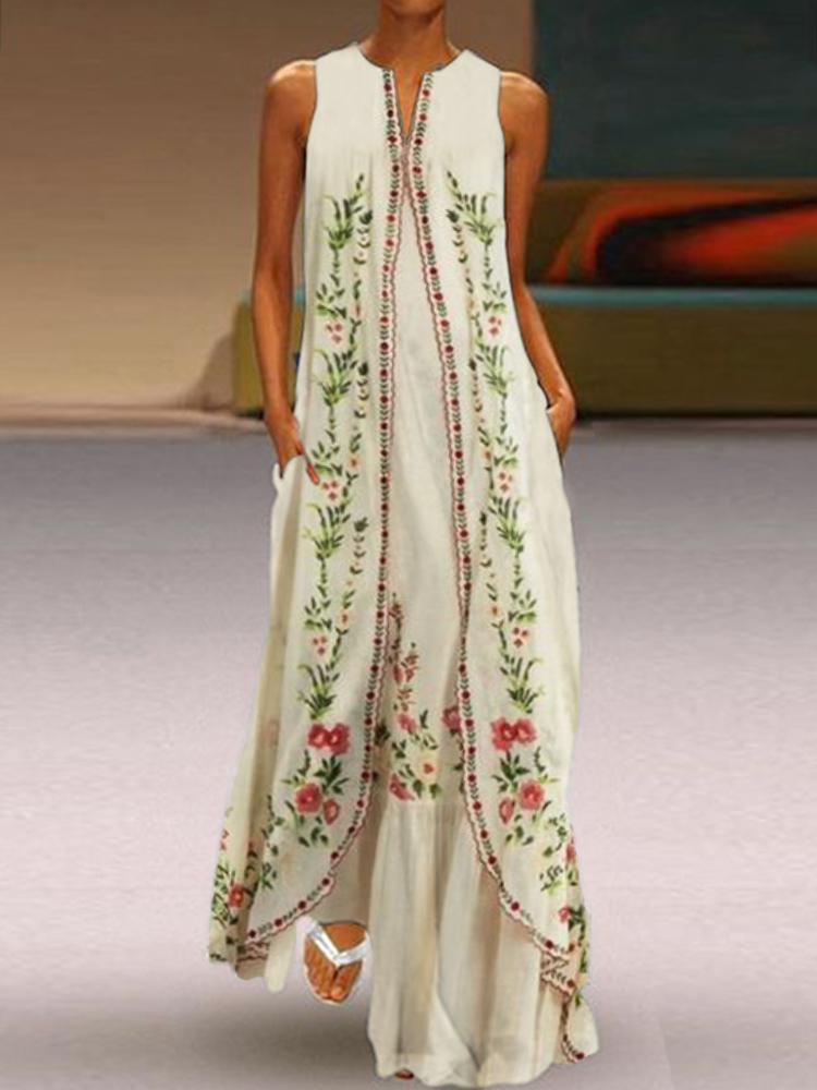 Boho Floral Embroidered Flowy Maxi Dress