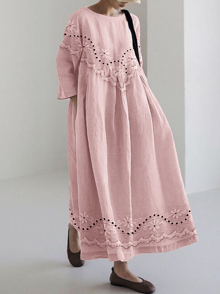 Cottage Floral Embroidered Lace Linen Blend Maxi Dress