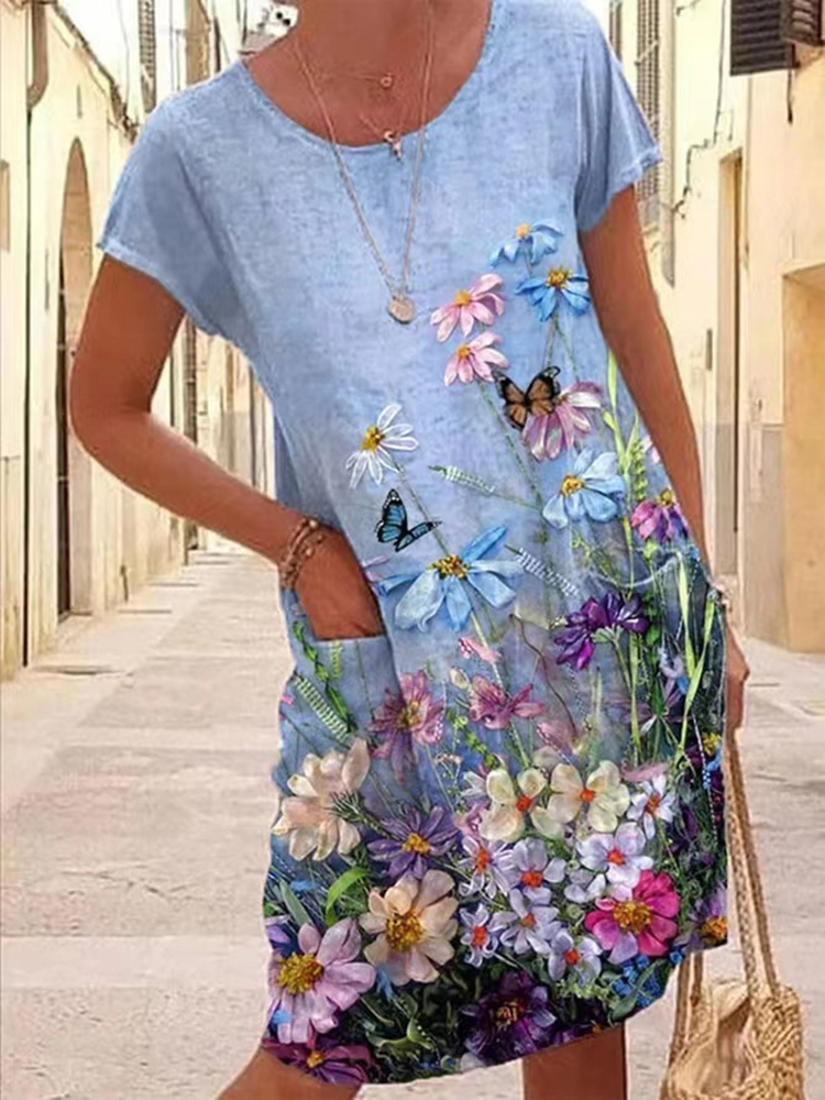 Fashionable Floral Loose Fitting Short Sleeved Midi Dress