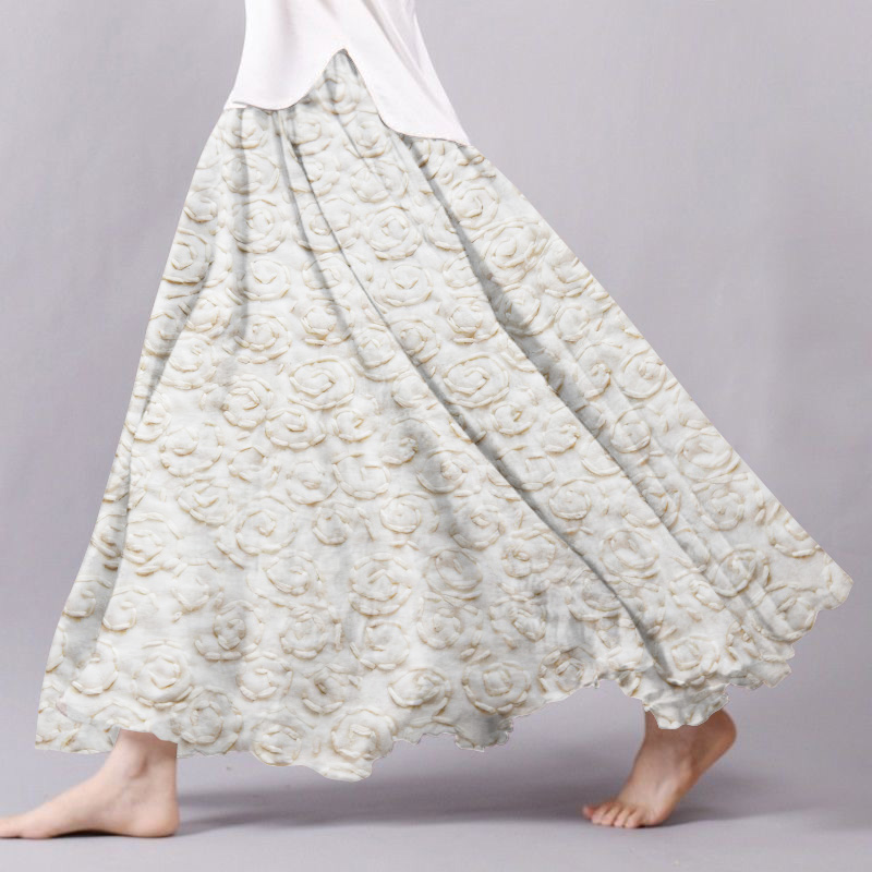 Embroidered Art Print Linen Blend Flowy Skirt
