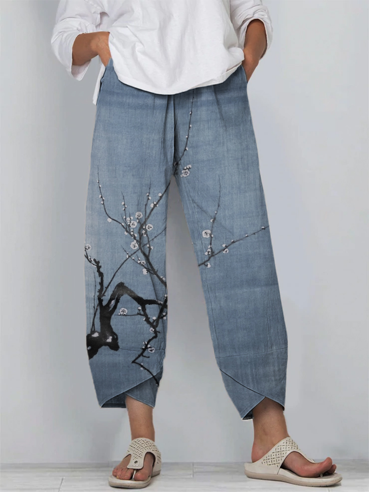 Simple Plum Blossom Japanese Art Linen Blend Cropped Pants