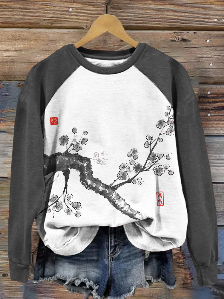 Japanese Cherry Blossoms Art Contrast Sleeve Sweatshirt