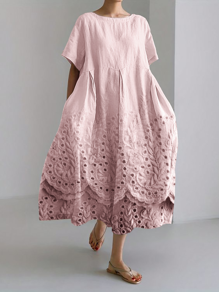 Cottage Wheat Floral Lace Hem Linen Blend Maxi Dress