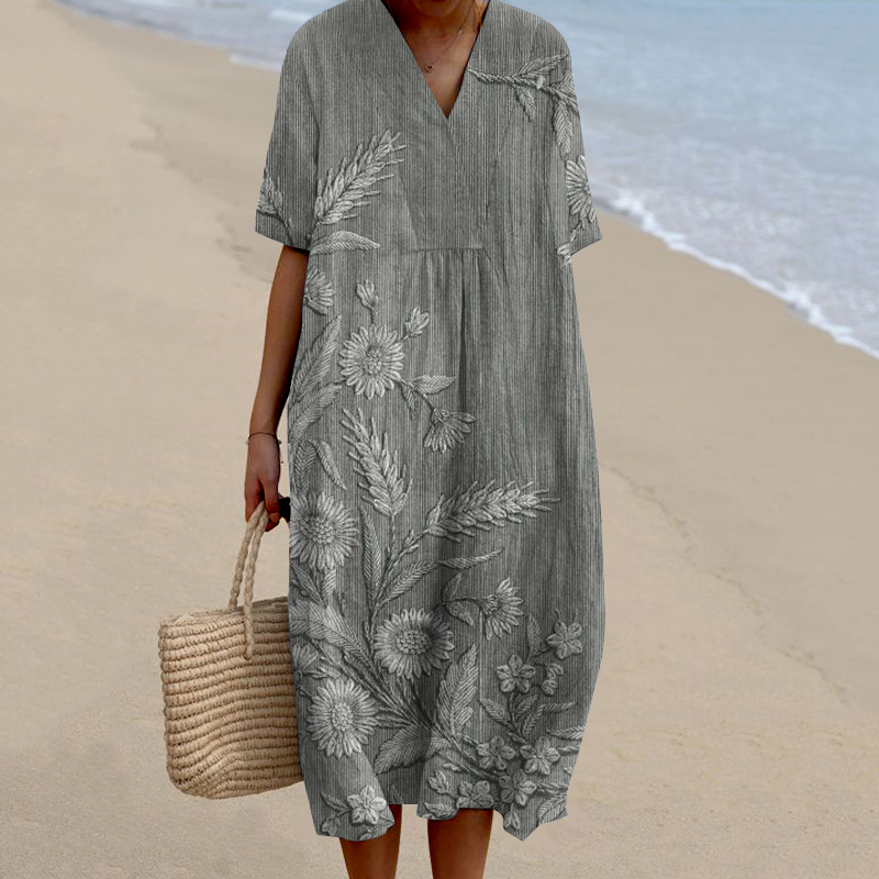 Floral Print V-Neck Short Sleeved Midi Dress