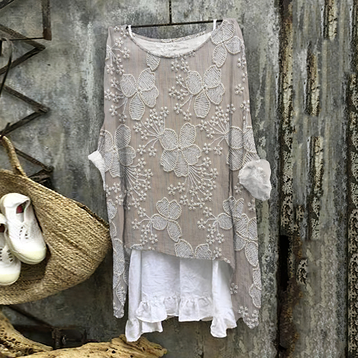 Vintage Floral Art Linen Blend Flowy Tunic