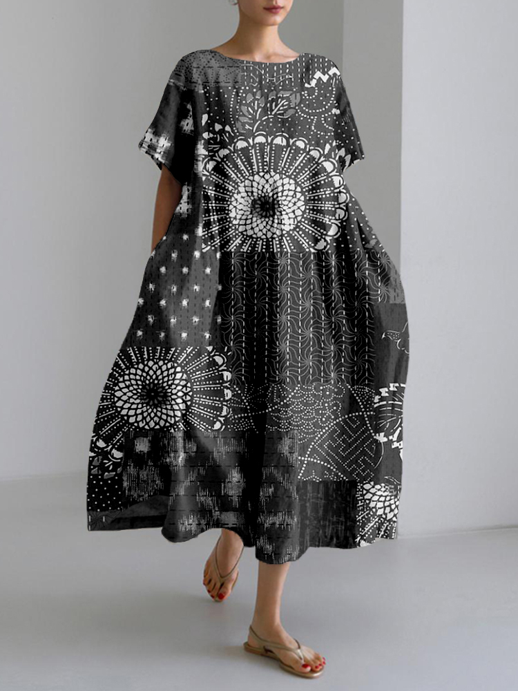 Vintage Japanese Patchwork Pattern Linen Blend Maxi Dress