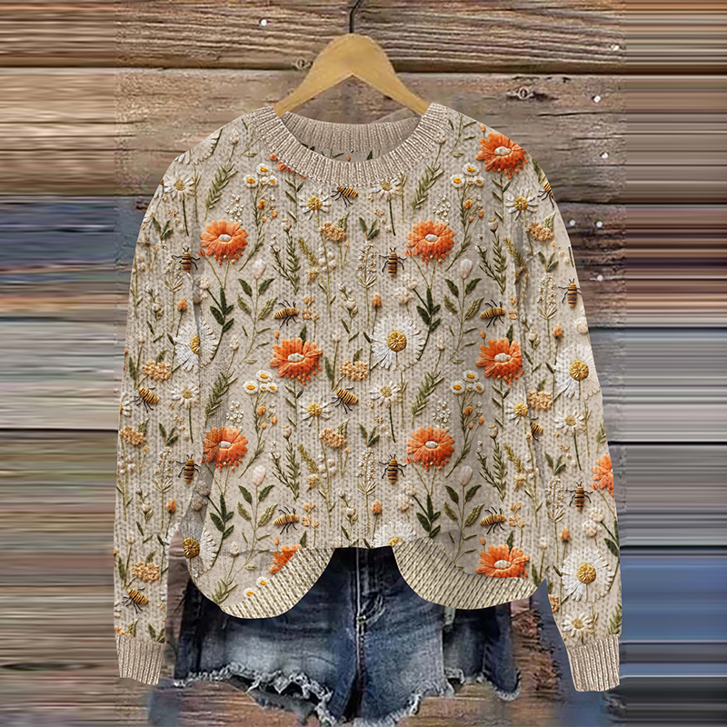 Bee And Wildflower Art Print Knitted Pullover Sweater