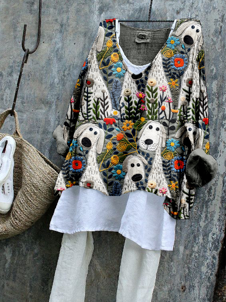 Cute Dog & Flowers Art Linen Blend Flowy Tunic