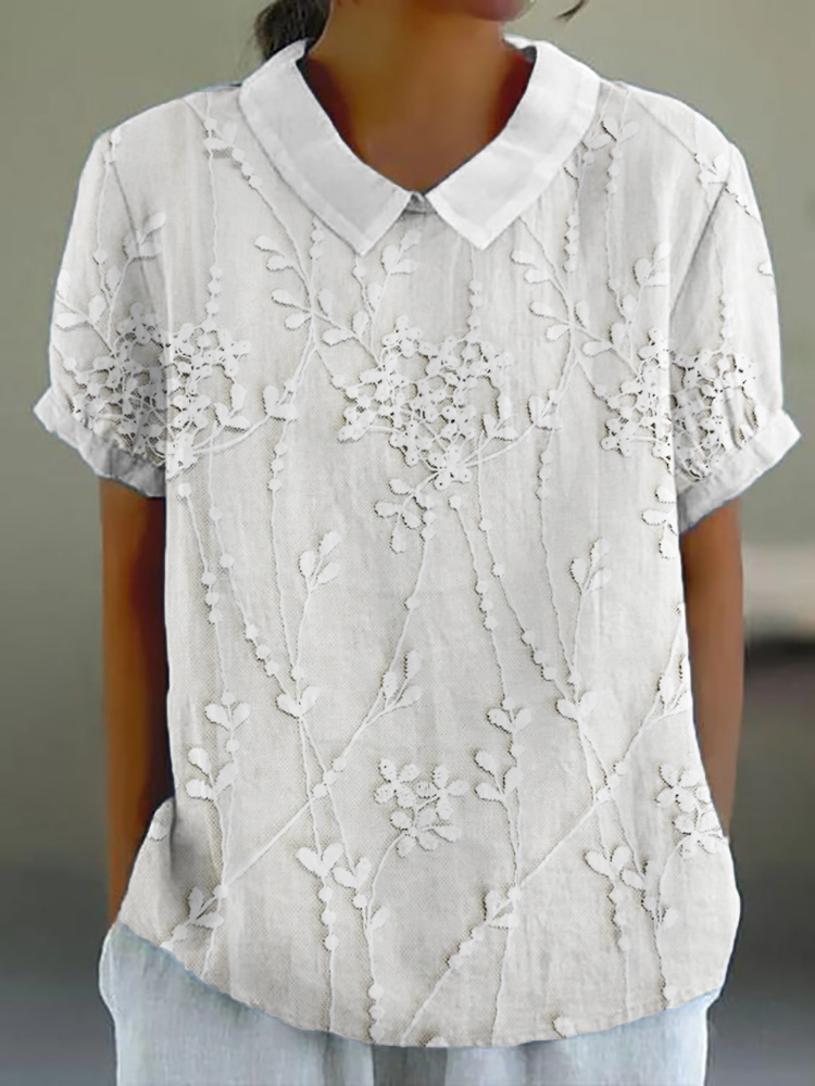 Classy Floral Lace Embroidered Linen Blend Lapels Tunic