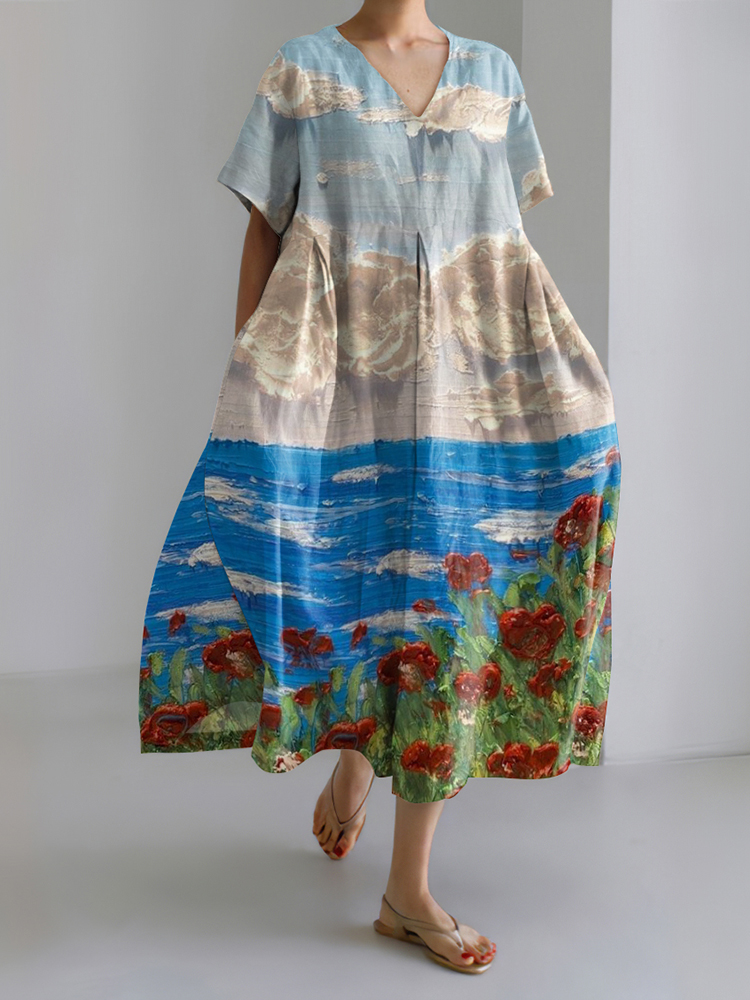 Spring And Summer Rose Print Women'S Dress