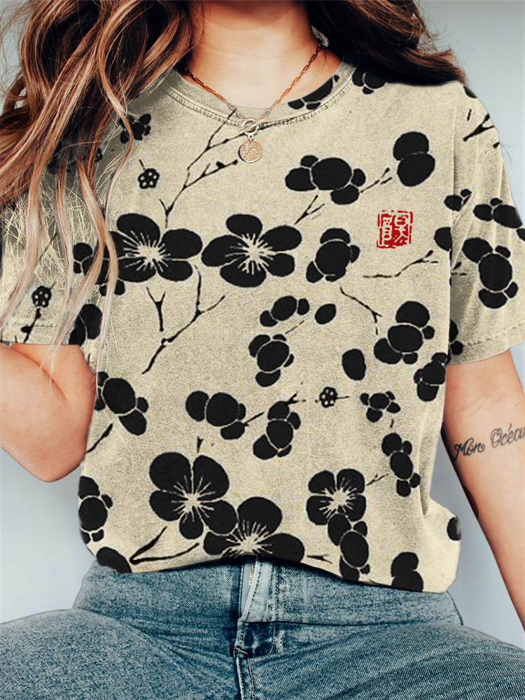 Cherry Blossom Japanese Lino Art Vintage T Shirt