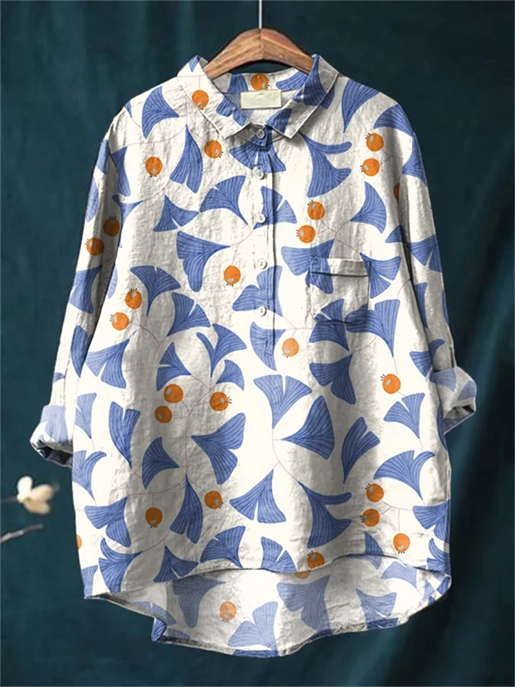 Japanese Ginkgo Biloba Pattern Women's Linen Shirt