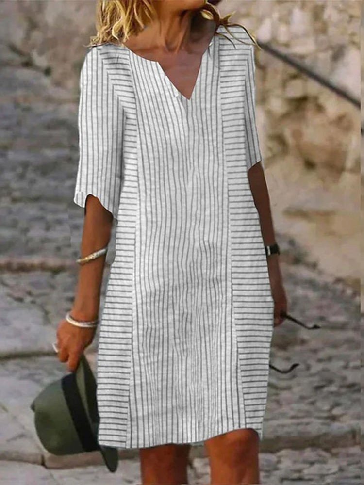 Striped Printed V-Neck Linen Blend Casual Midi Dress