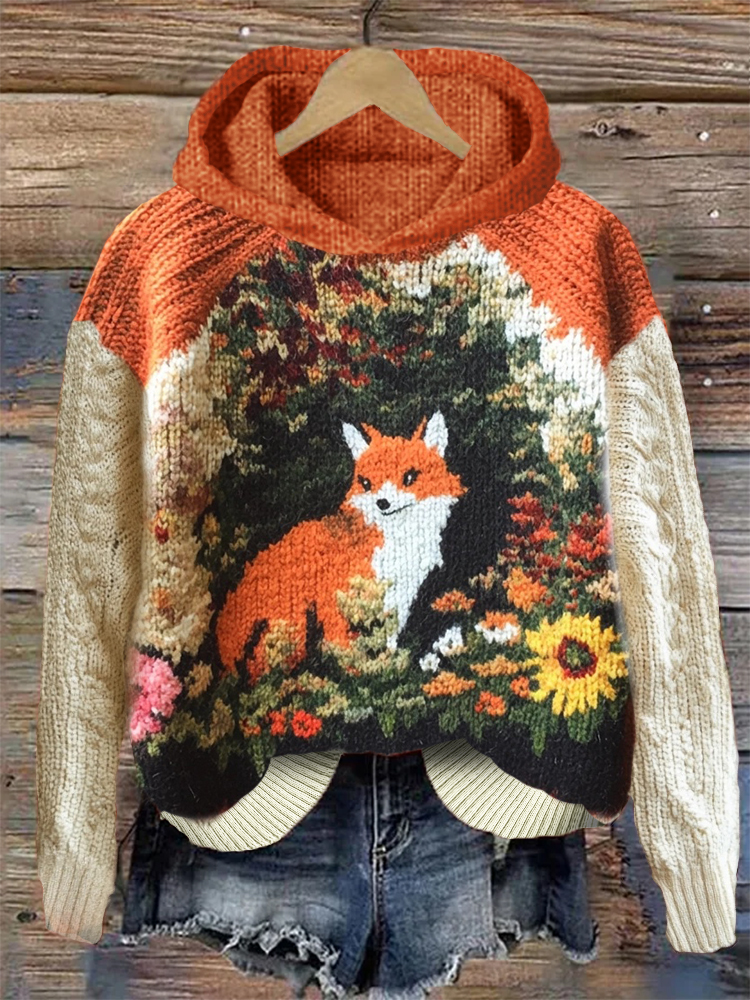 Fall Forest Fox & Flowers Knit Art Cozy Hooded Sweater