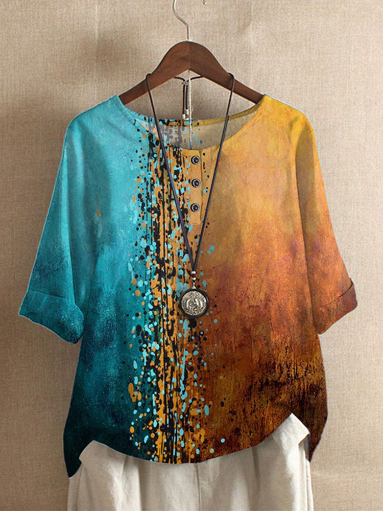 Printed Round Neck Loose Casual T-Shirt