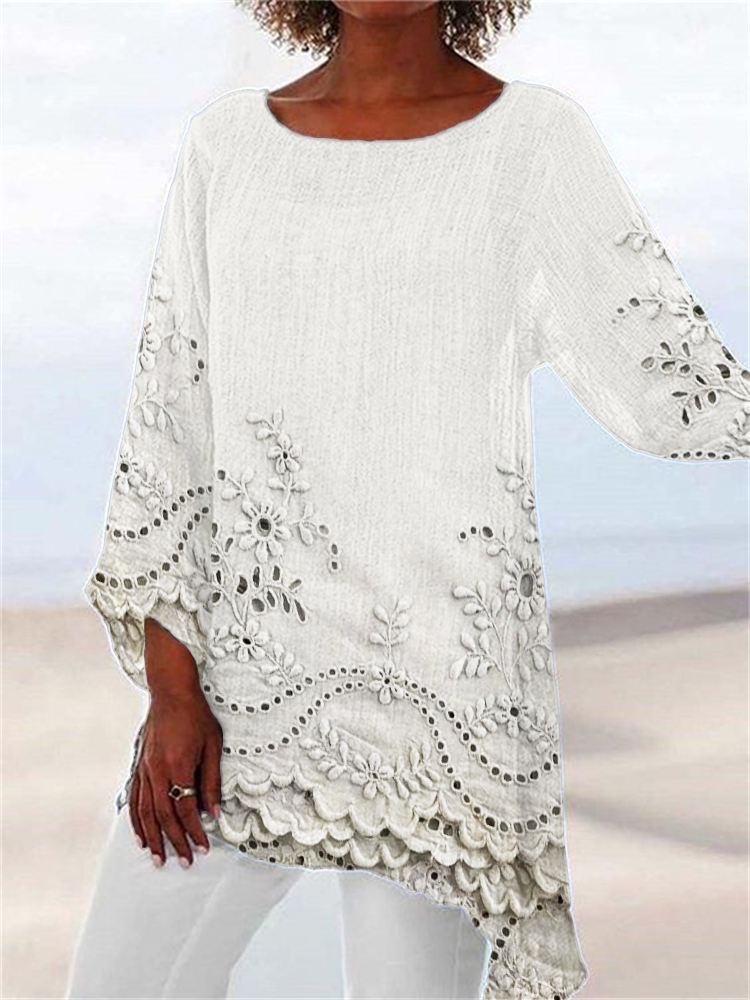 Cottage Floral Embroidered Lace Hem Linen Blend Flowy Tunic