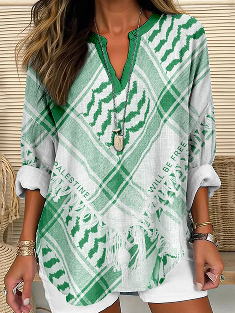 Palestine Will Be Free Kufiya Inspired Linen Blend Shirt