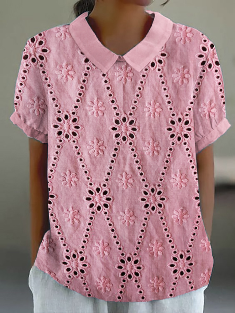 Cottage Floral Embroidered Lace Linen Blend Tunic