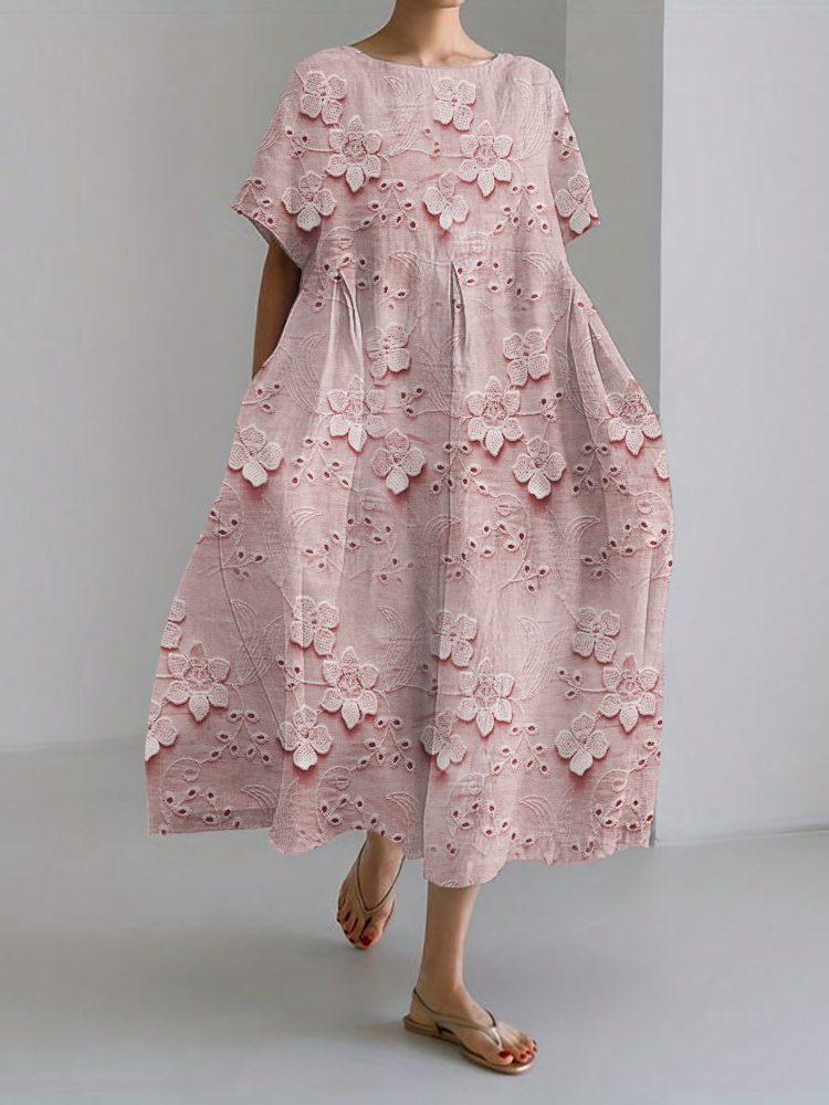 3D Floral Lace Embroidered Linen Blend Maxi Dress
