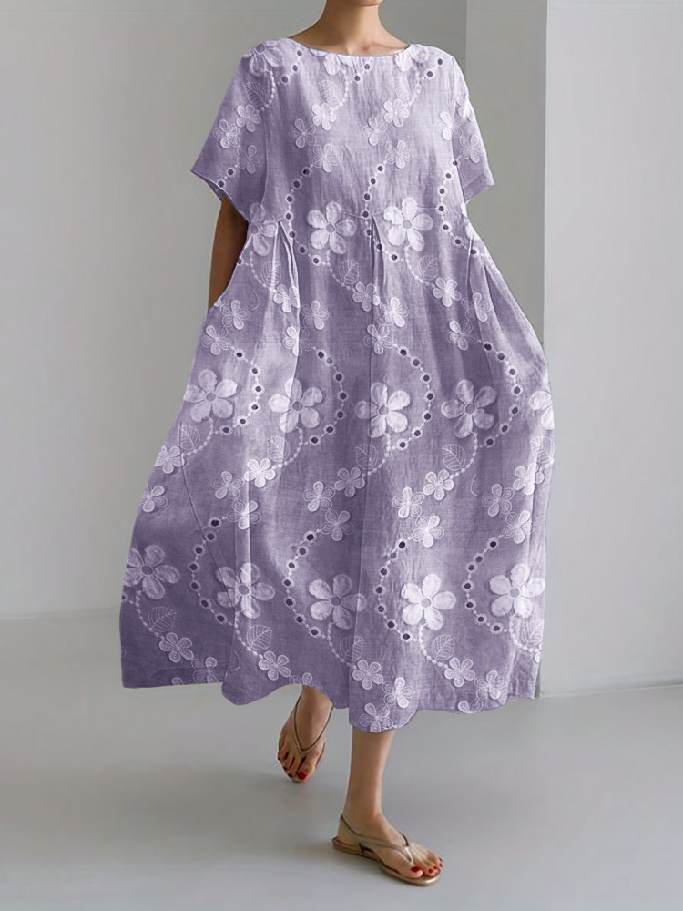 3D Floral Embroidered Lace Linen Blend Maxi Dress