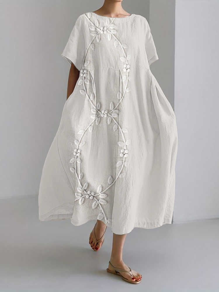 Classy Floral Vines Embroidered Linen Blend Maxi Dress