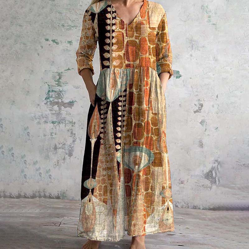 Abstract Geometric Printed V-Neck Casual Midi Dress