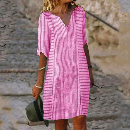 Striped Printed V-Neck Linen Blend Casual Midi Dress