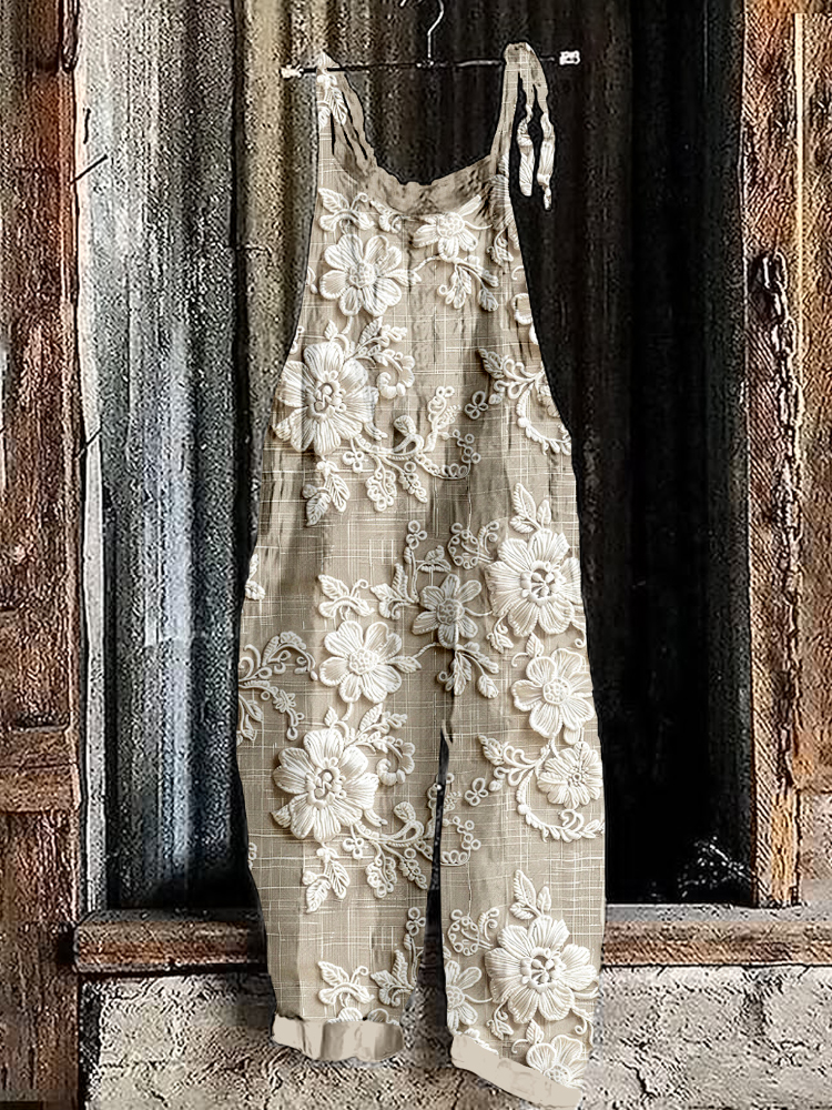 Vintage Floral Lace Embroidered Loose Cozy Jumpsuit