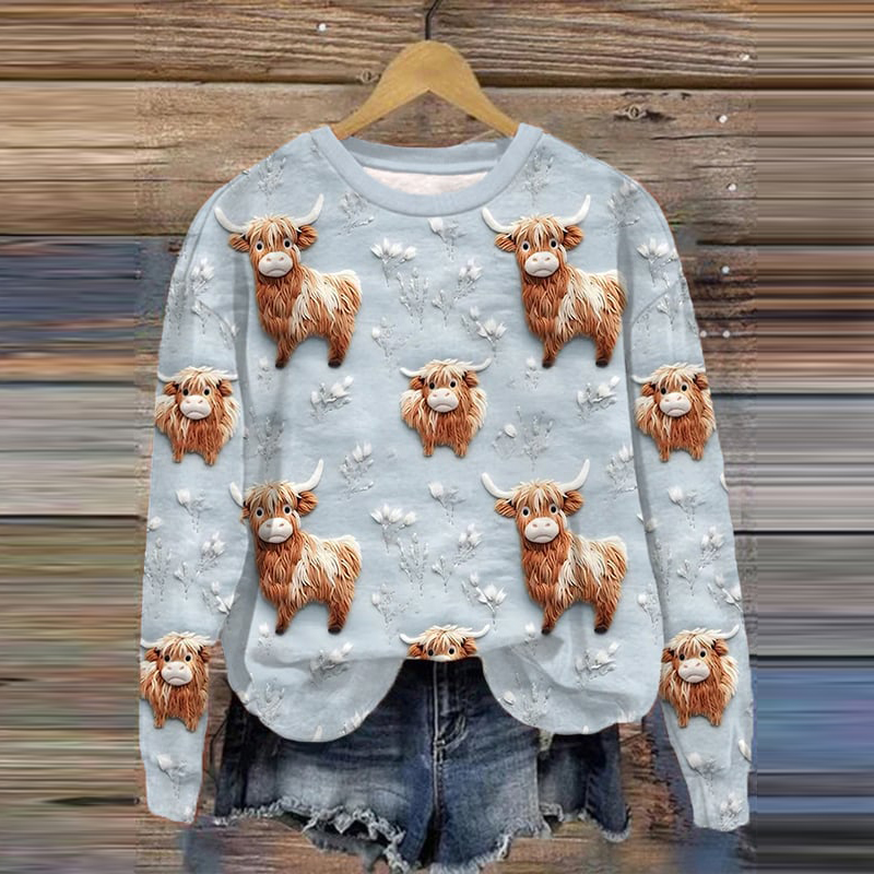 Highland Cow Print Crew Neck Casual Sweatshirt
