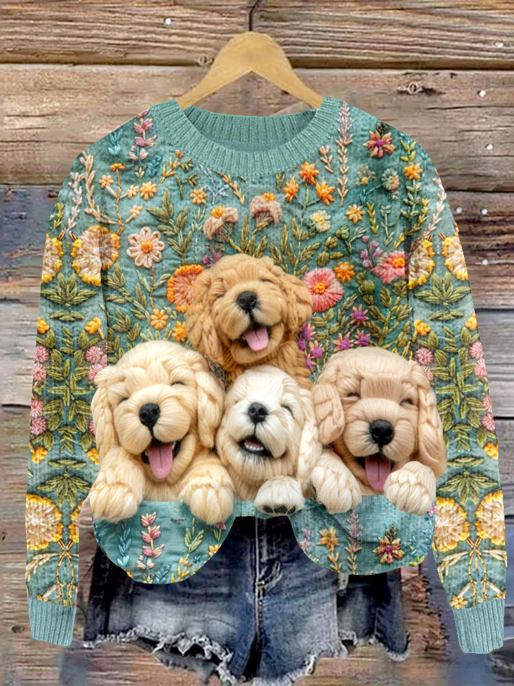 Women's Vintage Golden Retrievers And Floral Art Graphics Cozy Sweater
