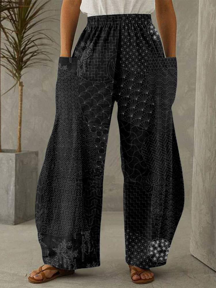 Japanese Traditional Sashiko Art Wide Leg Casual Pants