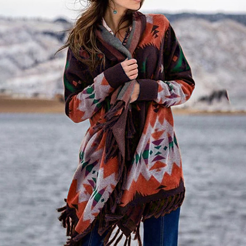 Ethnic Print Fringed Casual Cardigan