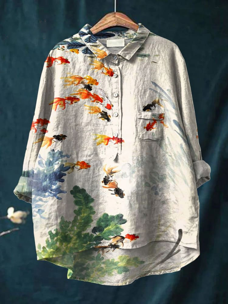 Women's Watercolor Fish Art Print Casual Cotton And Linen Shirt