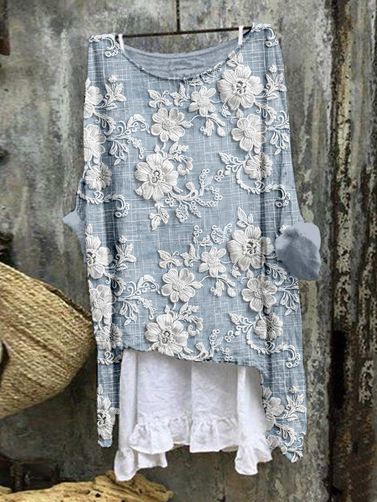 Vintage Floral Lace Embroidered Linen Blend Flowy Tunic