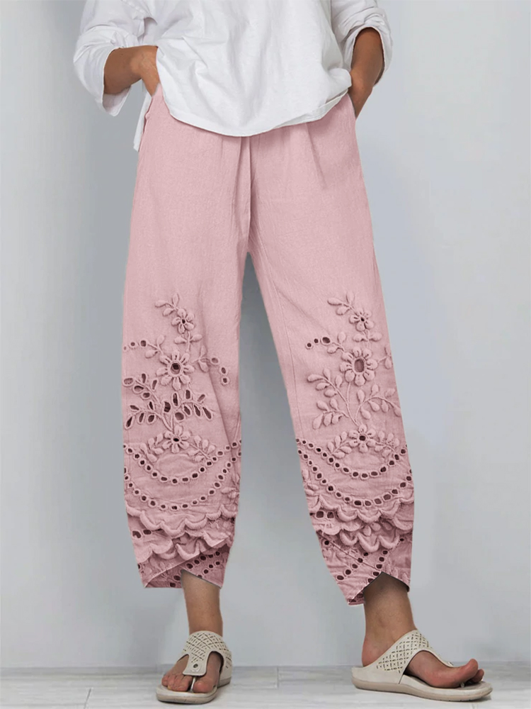 Cottage Floral Embroidered Lace Hem Linen Blend Cropped Pants