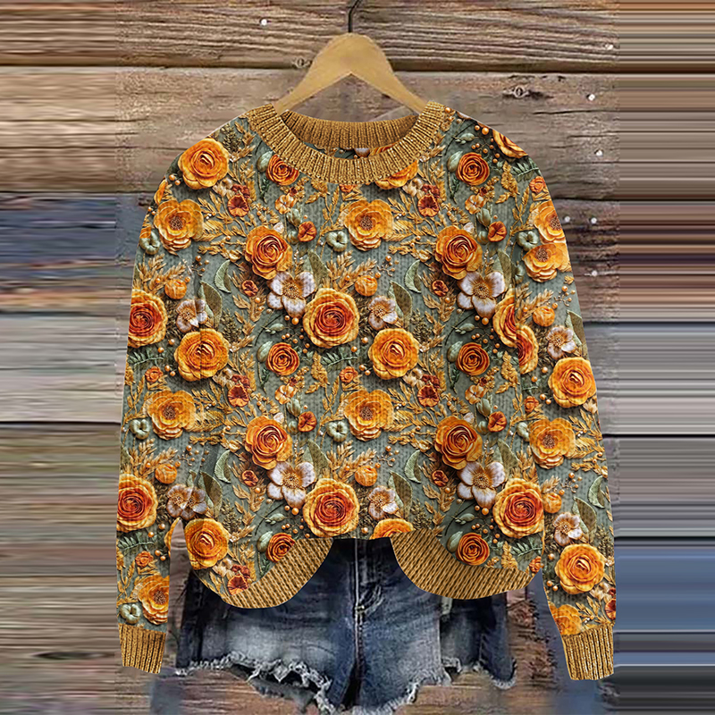 Flower Art Print Knitted Pullover Sweater