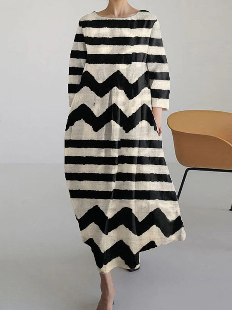 Striped Art Print Loose Casual Midi Dress