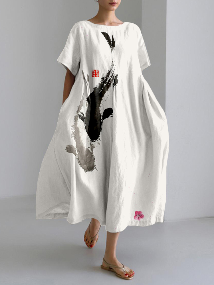 Koi Fish Playing With Sakura Flower Art Linen Blend Maxi Dress