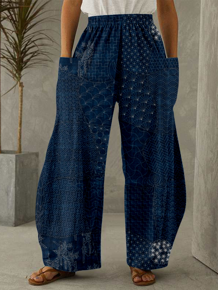 Japanese Traditional Sashiko Art Wide Leg Casual Pants
