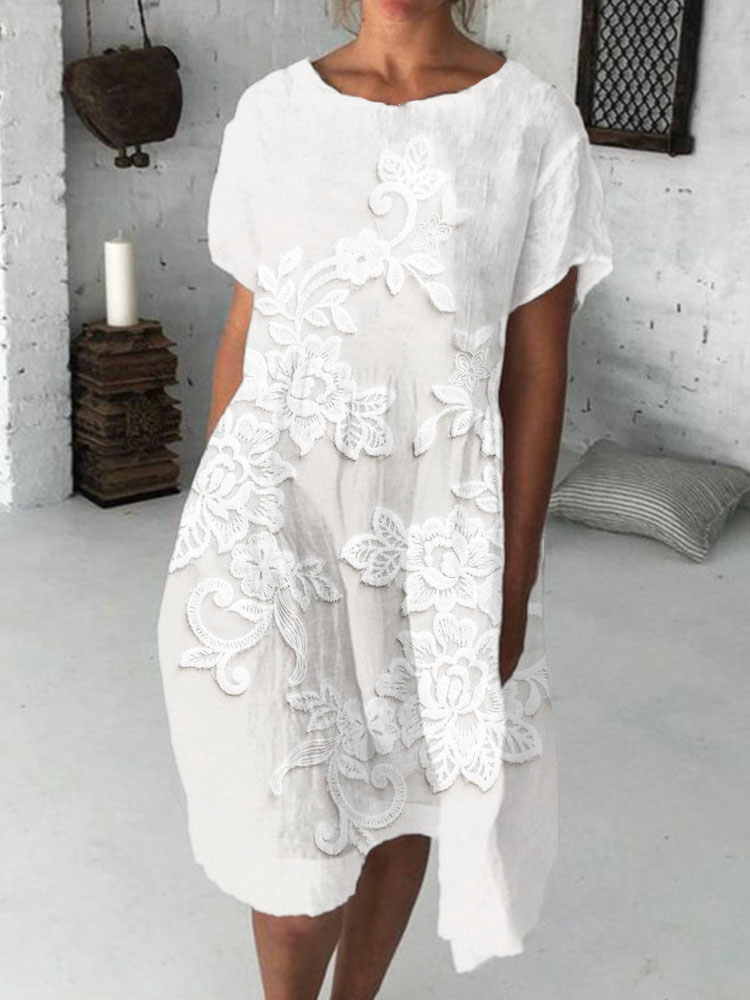 Vintage Floral Lace Embroidered Linen Blend Midi Dress