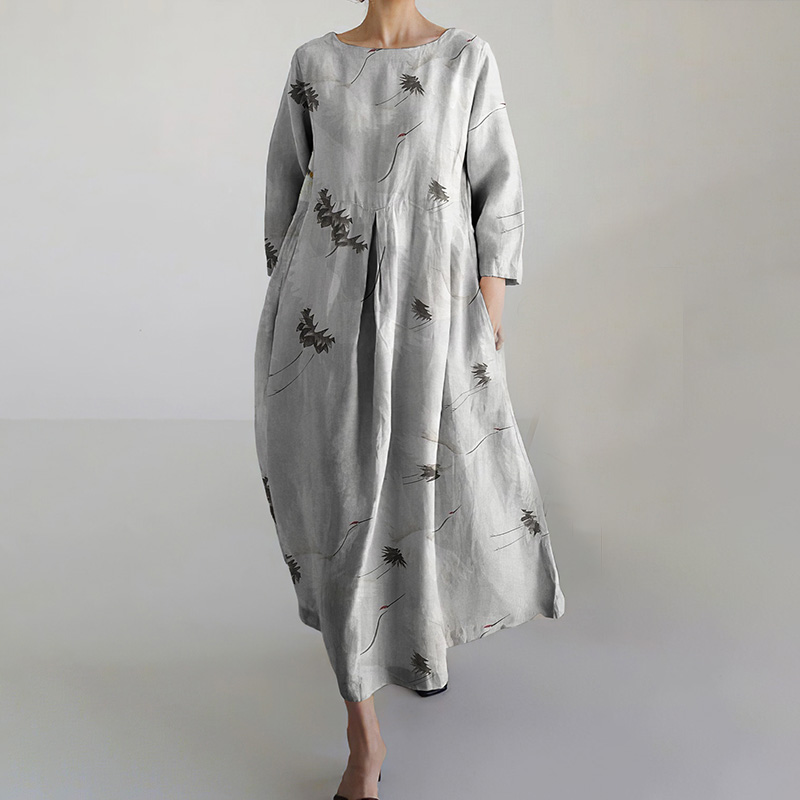 Casual Cotton And Linen Crane Print Women'S Round Neck Dress