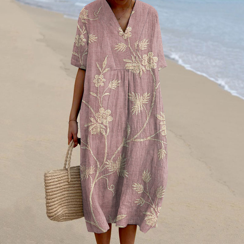 Women's Retro Floral Print Cotton and Linen Dress